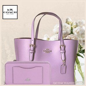NWT COACH Mollie Tote 25 and Accordion Zip Wallet Set Violet Orchid Leather